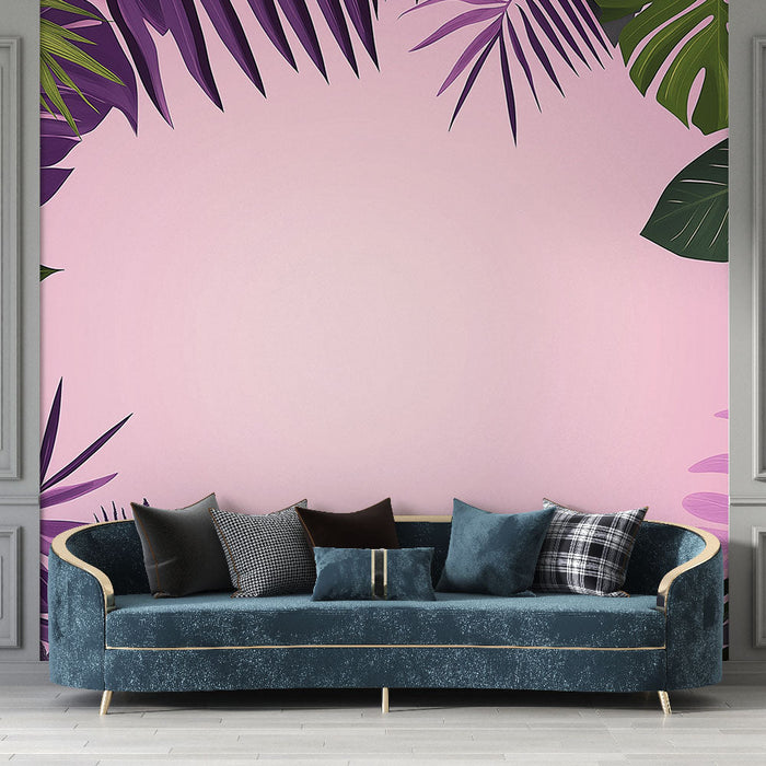 Papel pintado tropical | Hojas exóticas sobre fondo rosa suave