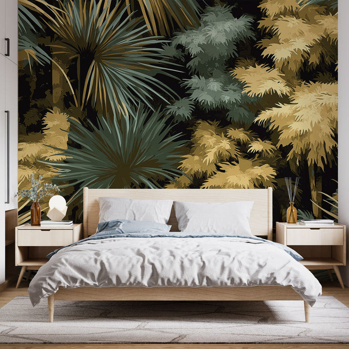 Papel de parede tropical | Folhas exuberantes em tons dourados e azul-cinza