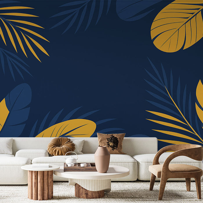 Tapete τροπικό | Στιλιζαρισμένα φύλλα σε σκούρο μπλε φόντο με κίτρινες λεπτομέρειες