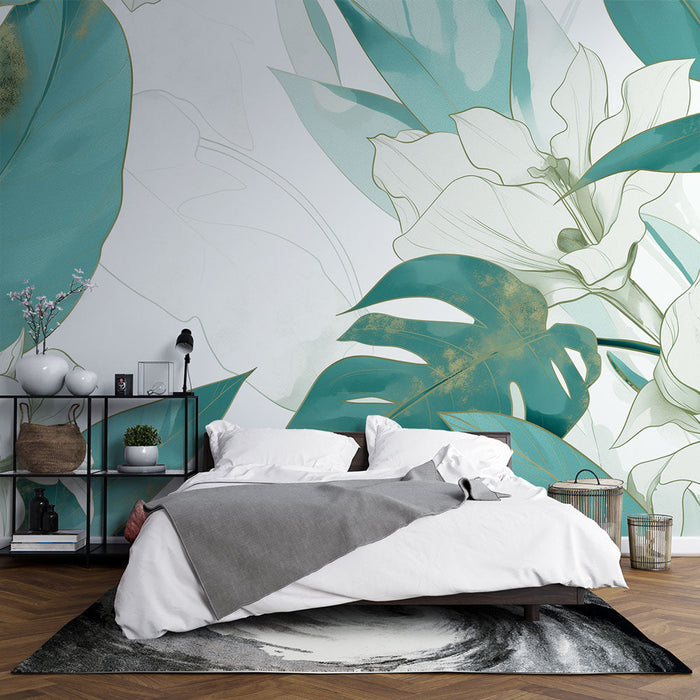 Fototapet tropisk | Vanngrønne blader og gylne blomster