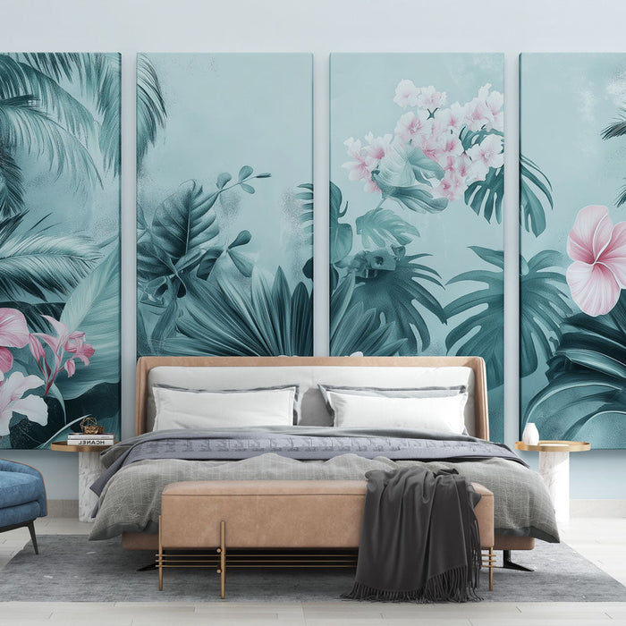 Tapet mural tropical | Frunze albastre și flori delicate în acuarelă