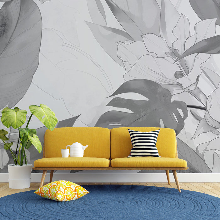 Tapetti trooppinen | Vihreät lehdet ja kultaiset kukat mustavalkoisena