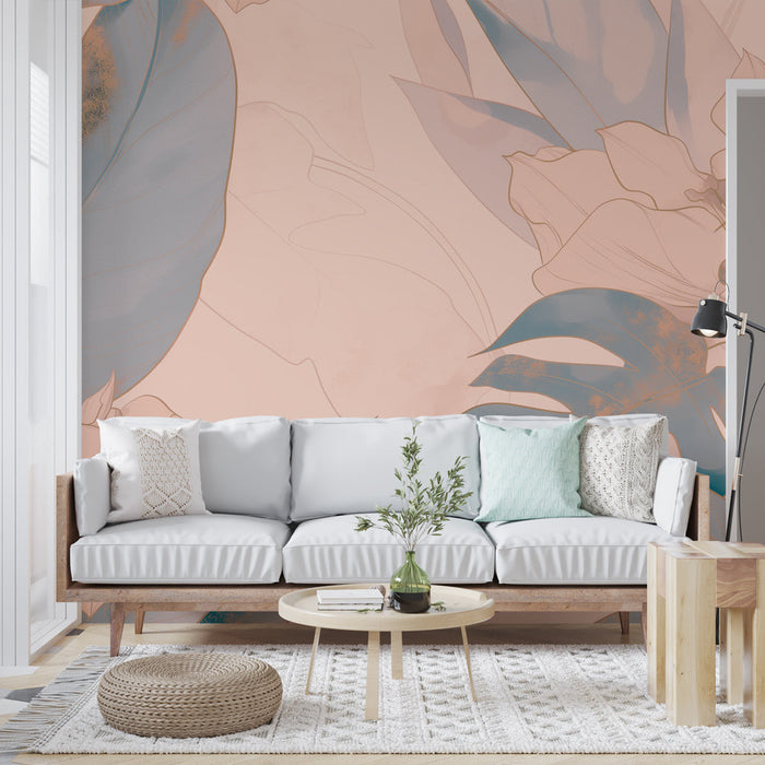 Тапет с тропически мотиви | Зелени листа и винтидж златни цветя