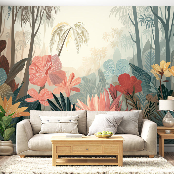 Papel de parede tropical | Flores e folhagem exuberante em um ambiente de floresta equatorial