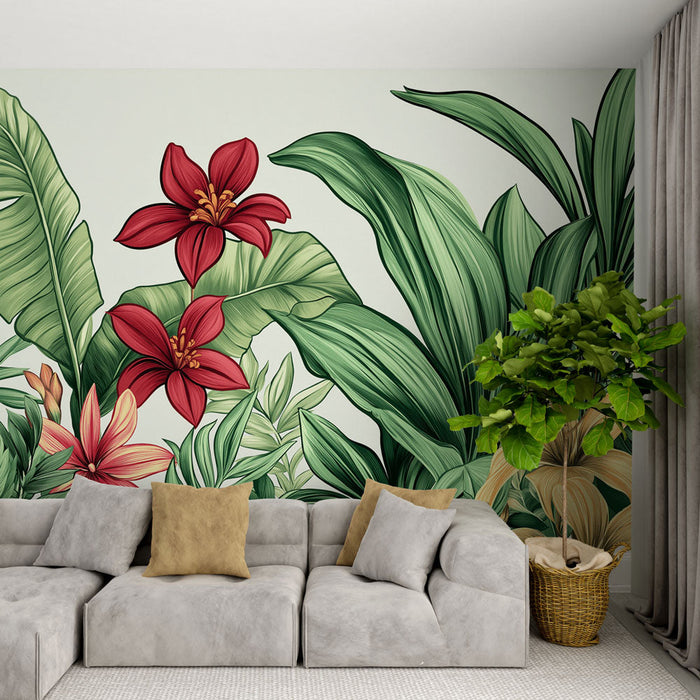 Tapet tropical | Flori și frunziș luxuriant în tonuri vibrante