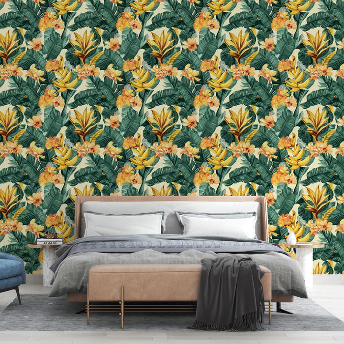 Ταπετσαρία τροπικού τοίχου | Εξωτικά λουλούδια και πυκνή φυλλωσιά