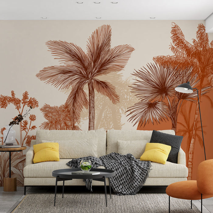 Mural Wallpaper tropical | Delicate illustrations of terracotta palm trees