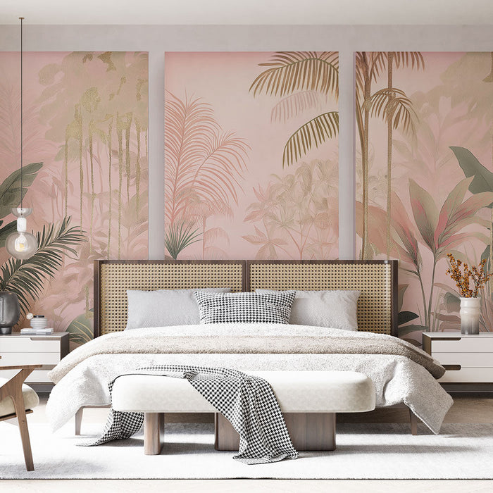 Fototapet tropisk efterligning maleri | Blød atmosfære med lyserød og gylden løvwerk