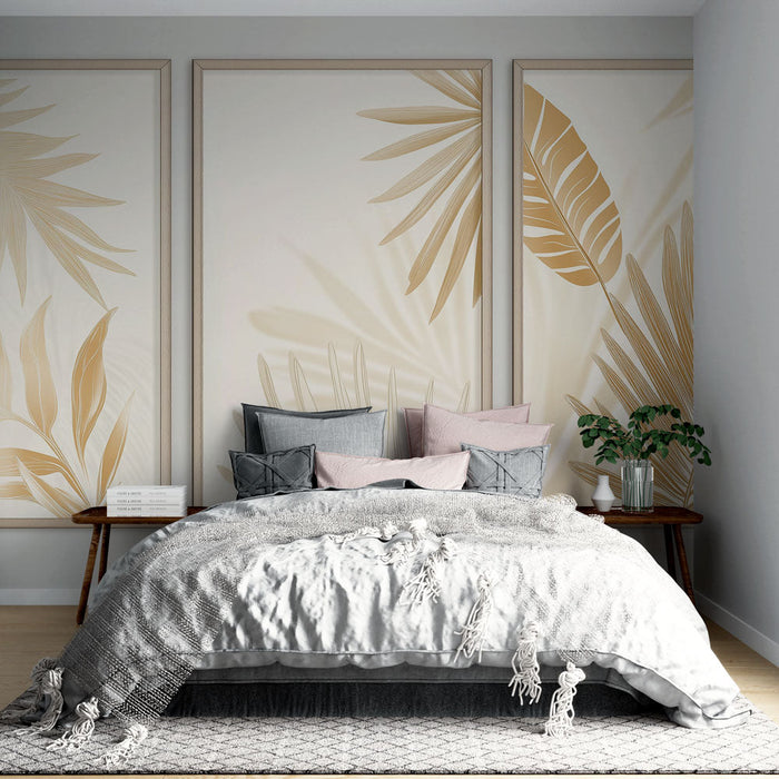 Fototapet tropikal taklidi tablo | Krem zemin üzerinde altın yaprak desenleri