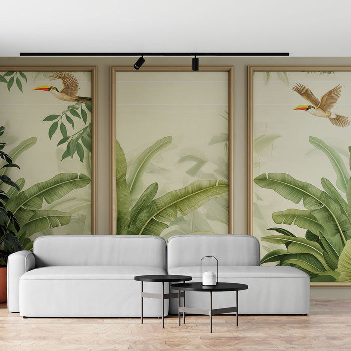 Fototapet tropikal taklit tablo | Kuşlar ve yeşillikli yapraklar