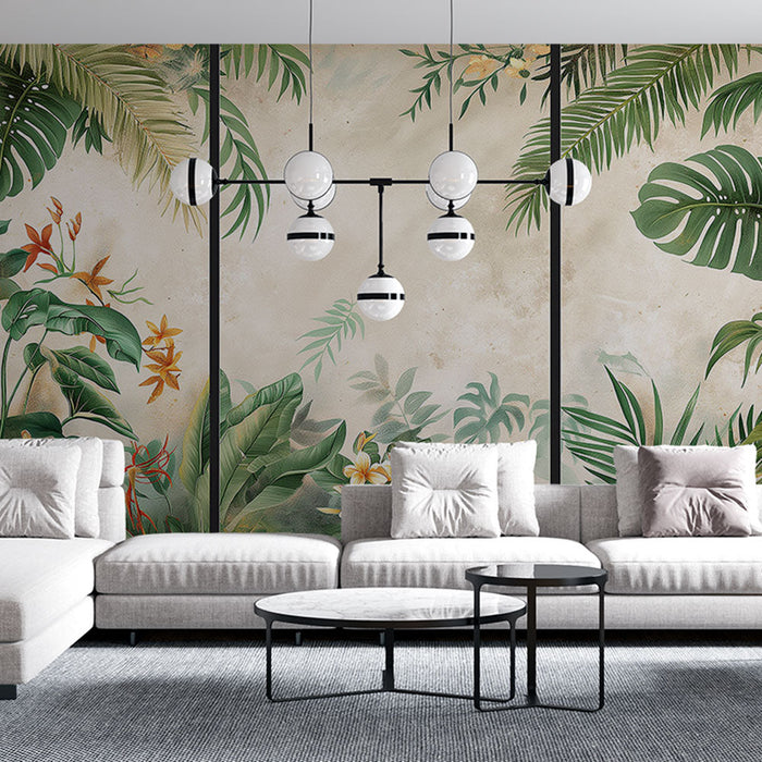 Tapéta trópusi utánzat tabló | Egy békés menedék dús növényzet és egzotikus virágok mintáival