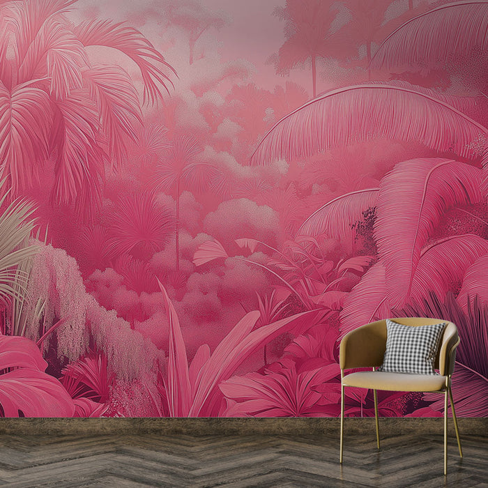 Papel de parede tropical | Selva vibrante com tons de rosa