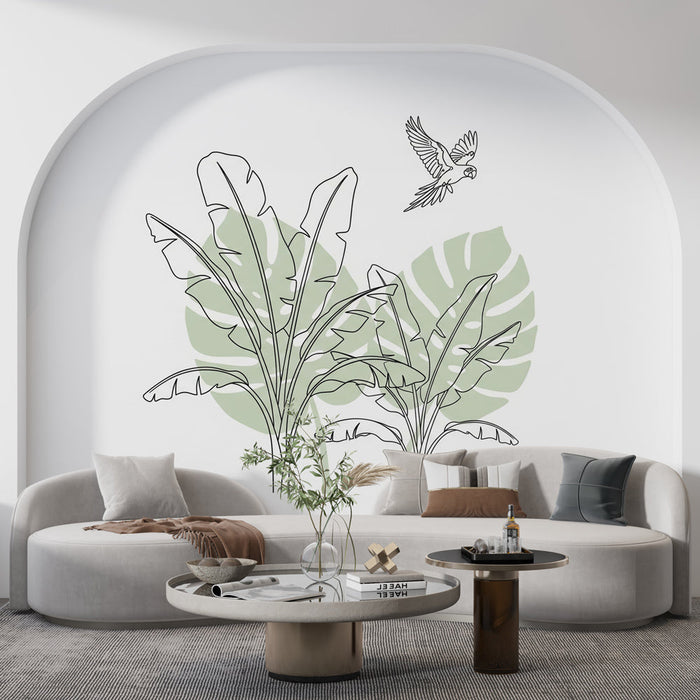 Τροπικός ελάχιστος τοίχος τοιχογραφίας | Στιλιζαρισμένα φύλλα και ένα πολύχρωμο πουλί