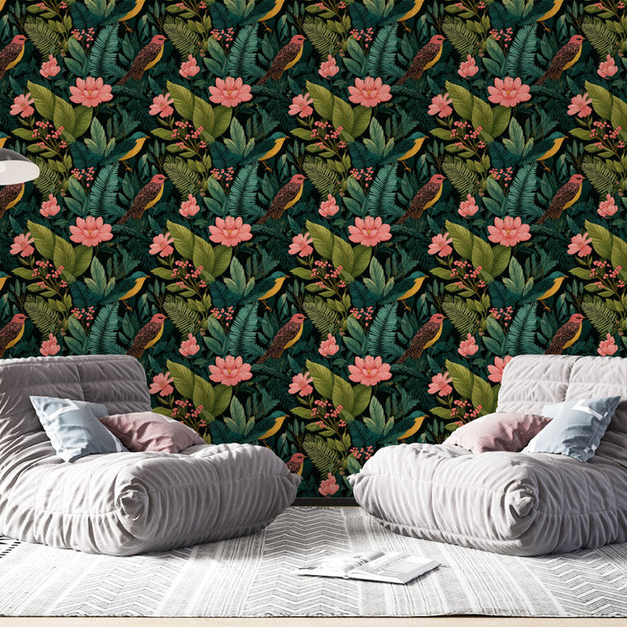 Fotótapé trópusi | Színes virágok és madarak mintája fekete háttéren