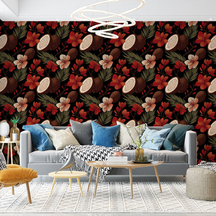 Fototapeet troopiline | Värvikas motiiv kookospähklitest ja eksootilistest lilledest mustal taustal