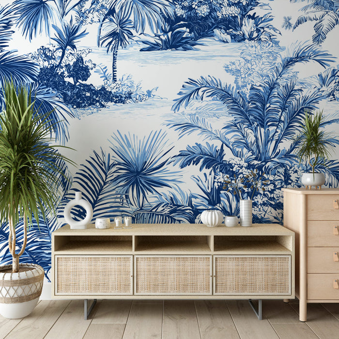 Papel pintado tropical | Patrón de palmeras azules sobre fondo claro