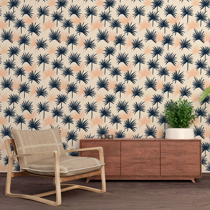 Foto Behang tropisch | Palmboom motief in marineblauw en perzikkleurige tinten