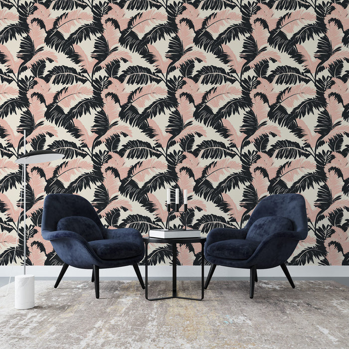 Тапет с тропически мотиви | Черен и розов палмови дървета на кремав фон