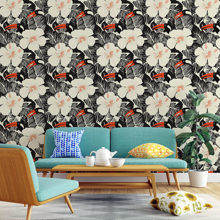 Tapete τροπικό | Ανθικό σχέδιο με τουκάν και ιβίσκο σε μαύρο φόντο