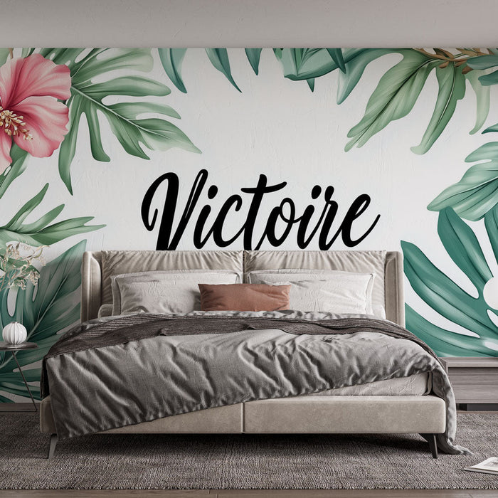 Nástěnná tapeta tropická | Vzor ibišku a bujné listí