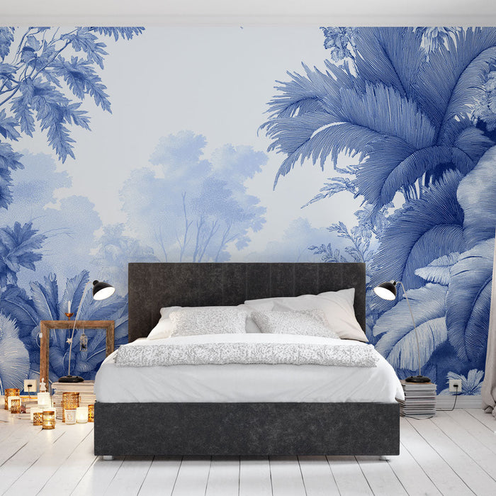 Tapeta tropická | Svěží modrý listový vzor na světlém pozadí