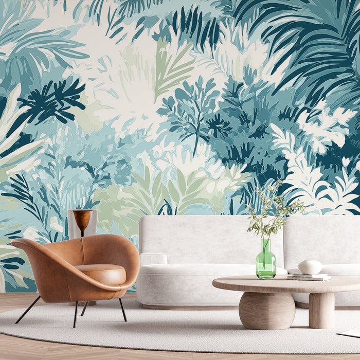 Tapeta tropická | Bujný listový vzor v odstínech modré a zelené