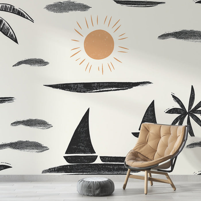 Fototapet tropisk | Nautisk mønster med palmer og sejlbåde i sort og guld