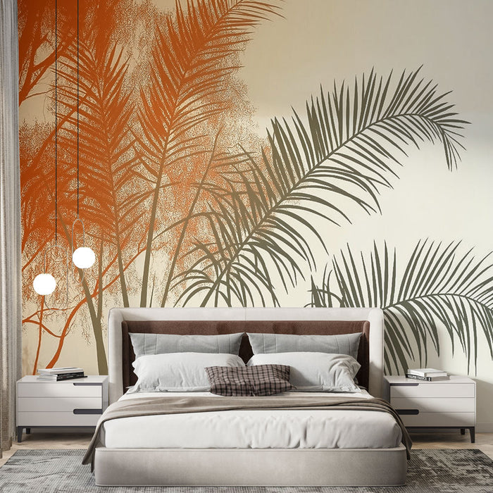Falfestmény tapéta trópusi | Levélminták meleg árnyalatokkal