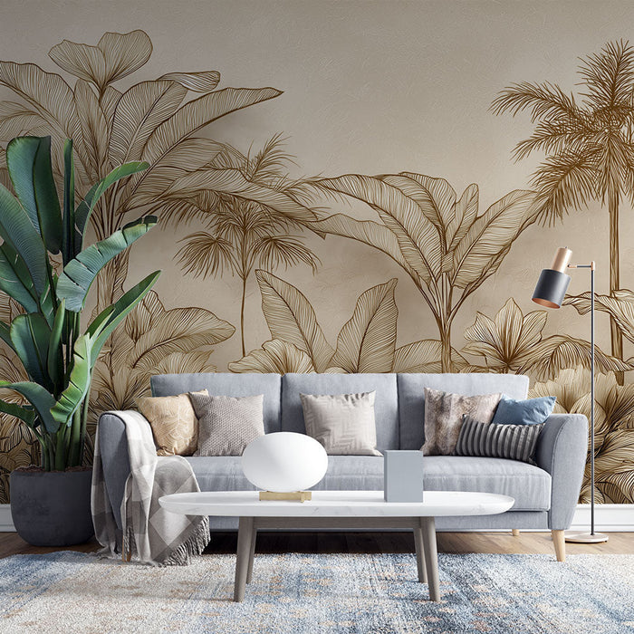 Tapeta tropska | Zlatni uzorci lišća na bež pozadini