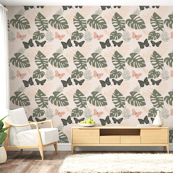 Carta da parati tropicale | Motivi foglia e farfalla in armonia pastello