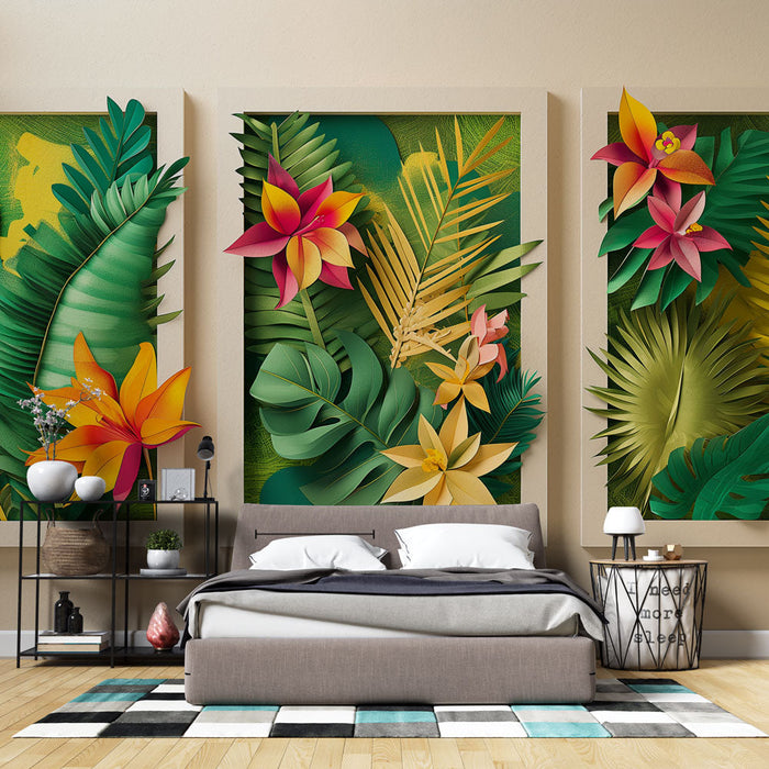 Tapeta tropikalna | Kolorowe wzory kwiatów i liści w wycinance z papieru