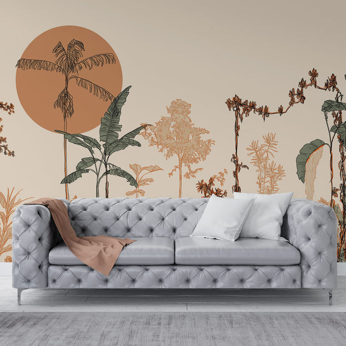 Fotó tapéta trópusi | Egzotikus növényi minták narancssárga nappal