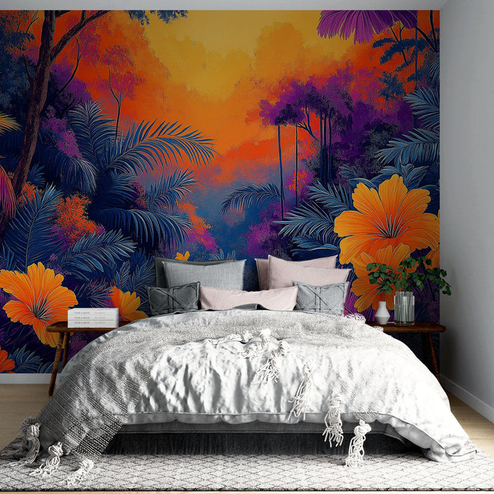 Fototapet tropisk | Overveldende mønstre av fargerike blomster og løvverk i en fortryllende atmosfære