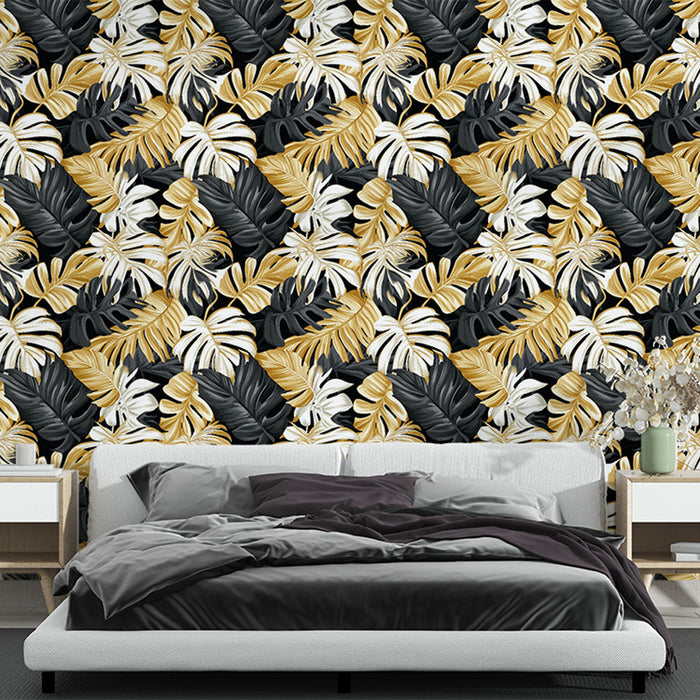 Tapetti trooppinen musta ja kulta | Runsaat lehdet tummalla taustalla