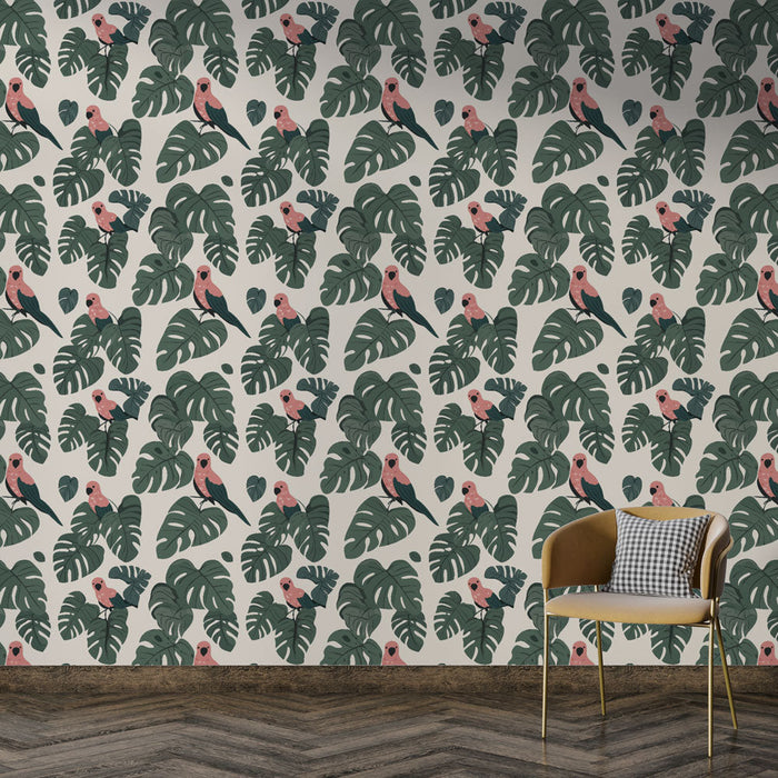 Papel de parede tropical | Pássaros coloridos entre folhas exuberantes