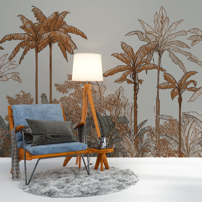 Fototapet tropisk | Palm træer og delikat løv i varme toner
