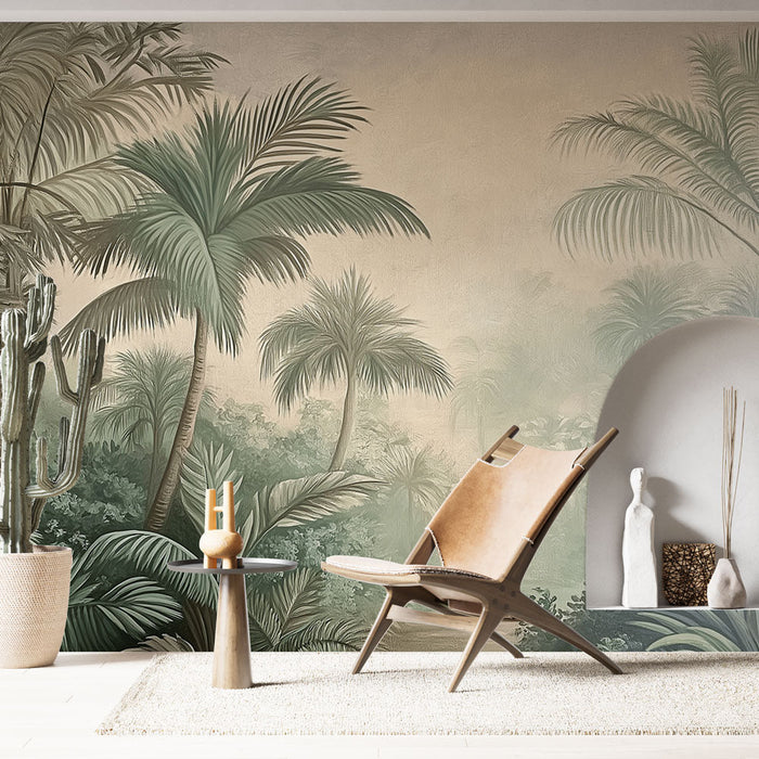 Fototapet tropisk | Palmetræer og frodigt løv i en blød tåge