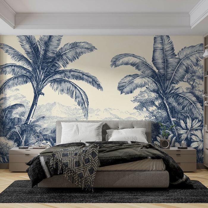 Ταπετσαρία τοίχου τροπική | Φοίνικες και πλούσια βλάστηση σε μπλε