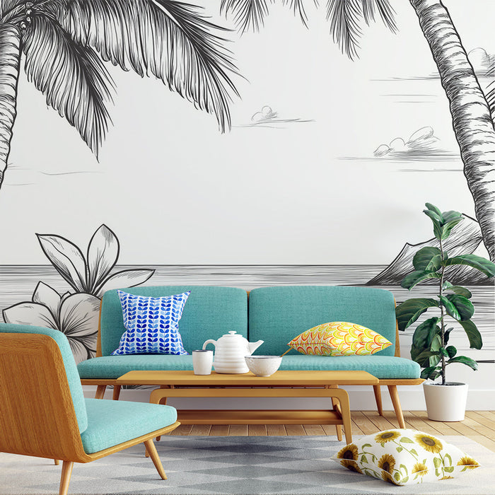 Seinatapeet troopiline | Palmid ja rand must-valgel