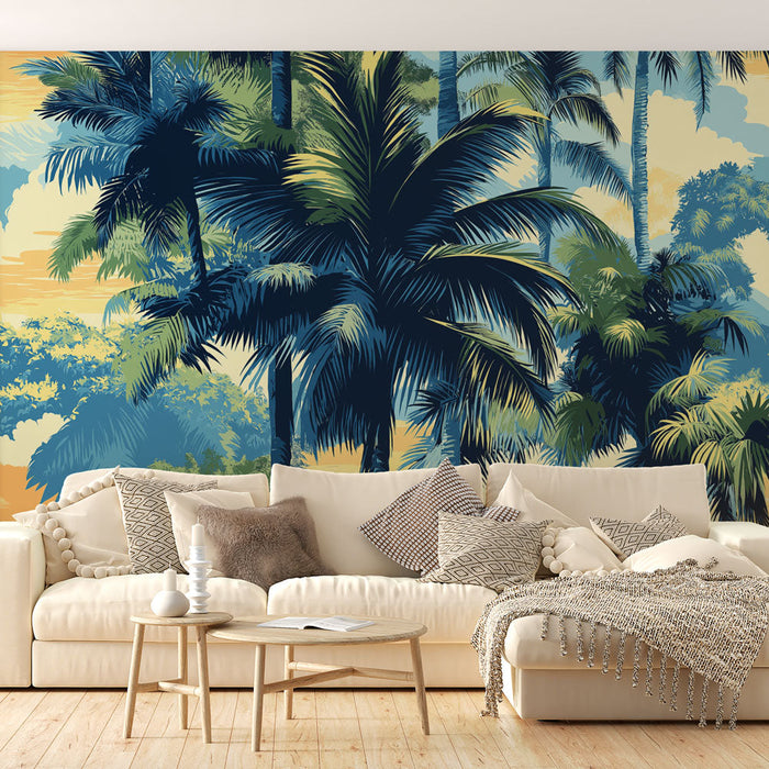 Nástěnná tapeta tropická | Bujné palmy na barevném pozadí