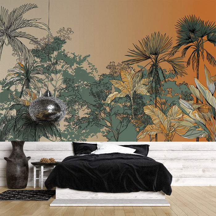 Mural Wallpaper tropical | Stylized palm trees on a gradient background of warm colors
