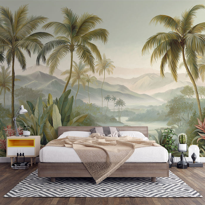 Tapetti trooppinen | Runsaasti palmuja ja kaukaisia vuoria sisältävä maisema