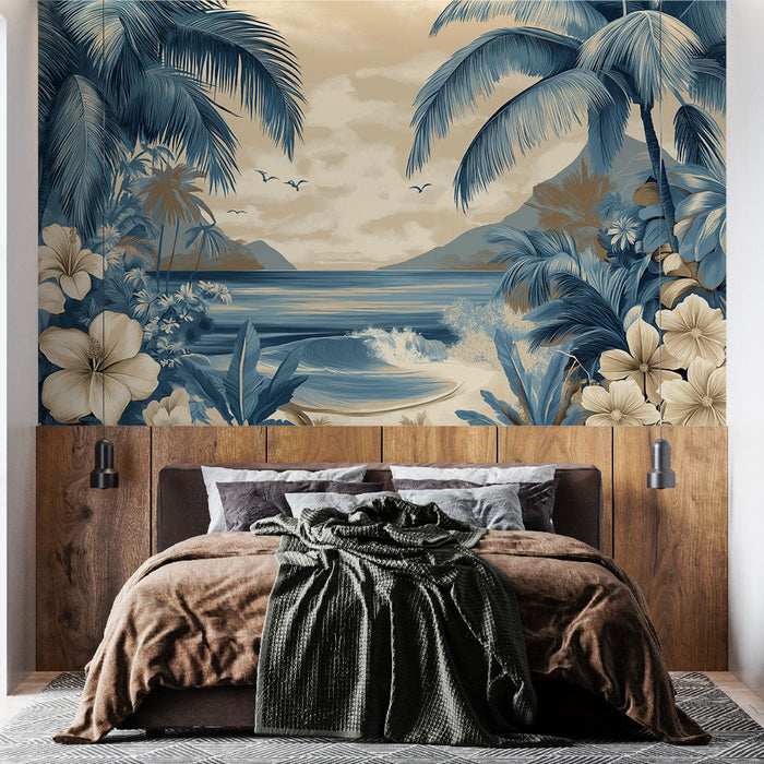 Tapeta tropická | Mořská krajina s palmami a exotickými květinami