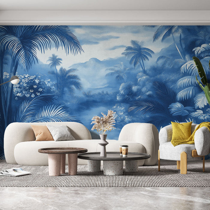 Tapete tropisch | Tropische Landschaft in Marineblau und Pastell