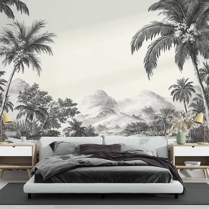 Muralna tapeta tropska | Nedokončana tropska pokrajina v črno-beli