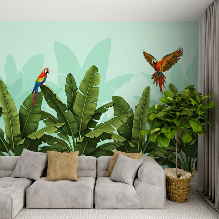 Fotótapéta trópusi | Színes papagájok dús levelek között