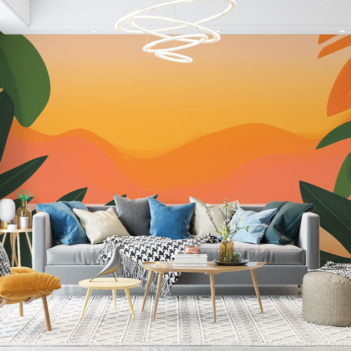 Tapeta tropikalna | Plaża o zachodzie słońca z bujną roślinnością