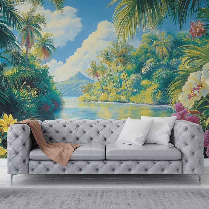 Tapete tropisch | Ruhiger Fluss umgeben von exotischen Blumen und Palmen