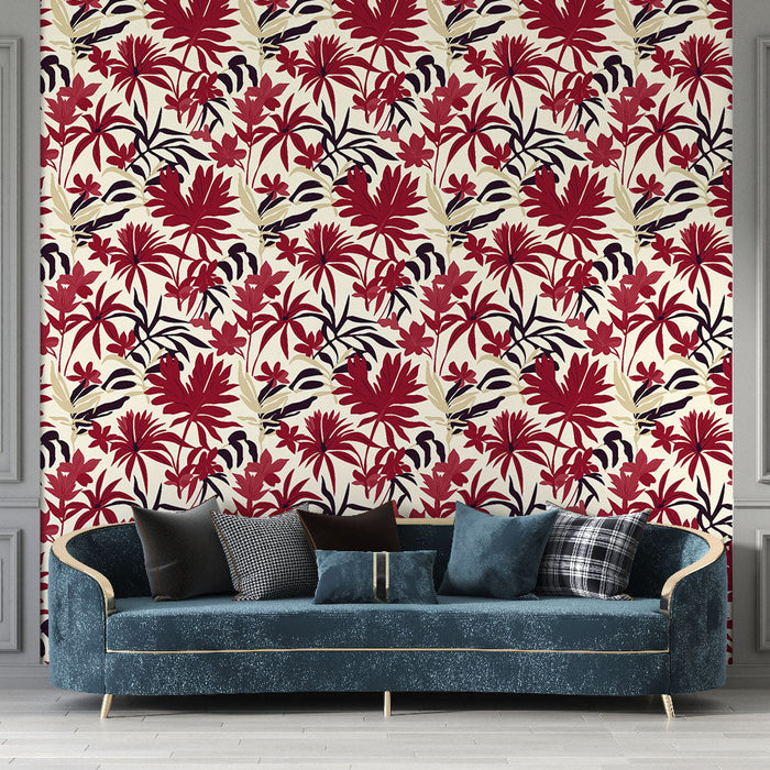 Carta da parati tropicale rossa | Motivi floreali vivaci su sfondo chiaro