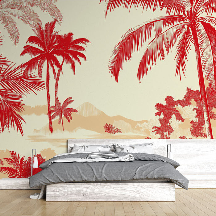 Red tropical mural wallpaper | Stylized palm trees on cream background